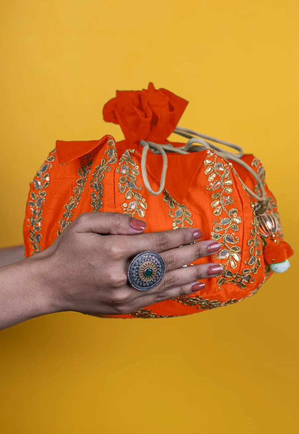 Gota Patti Art Silk Potli Bag in Orange