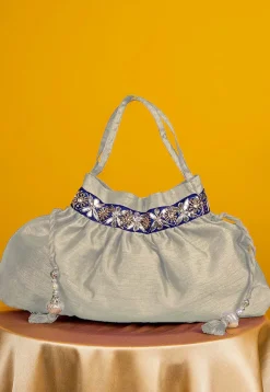 Gota Patti Art Silk Potli Bag in Off White