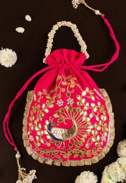 Gota Patti Art Silk Potli Bag in Fuchsia