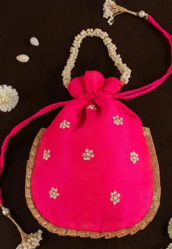 Gota Patti Art Silk Potli Bag in Fuchsia