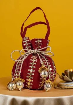 Gota Patti Art Silk Potli Bag in Maroon