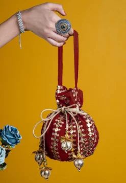 Gota Patti Art Silk Potli Bag in Maroon
