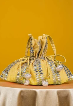 Gota Patti Art Silk Potli Bag in Light Yellow