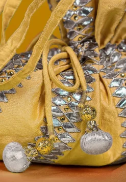 Gota Patti Art Silk Potli Bag in Light Yellow
