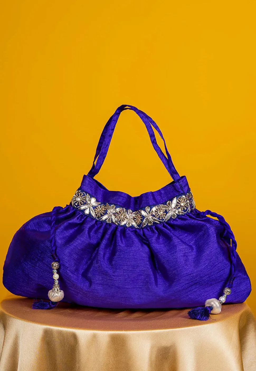 Gota Patti Art Silk Potli Bag in Royal Blue
