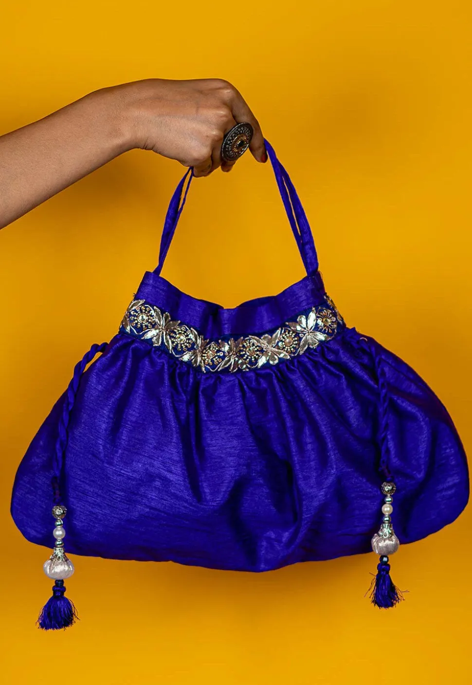 Gota Patti Art Silk Potli Bag in Royal Blue