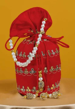 Gota Patti Art Silk Potli Bag in Red