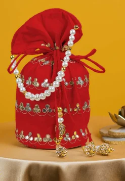 Gota Patti Art Silk Potli Bag in Red