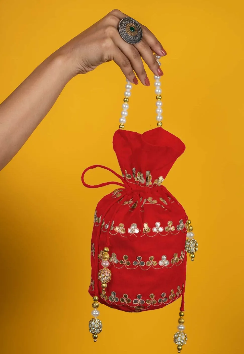 Gota Patti Art Silk Potli Bag in Red