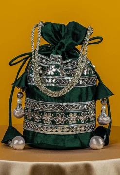 Gota Patti Art Silk Potli Bag in Dark Green