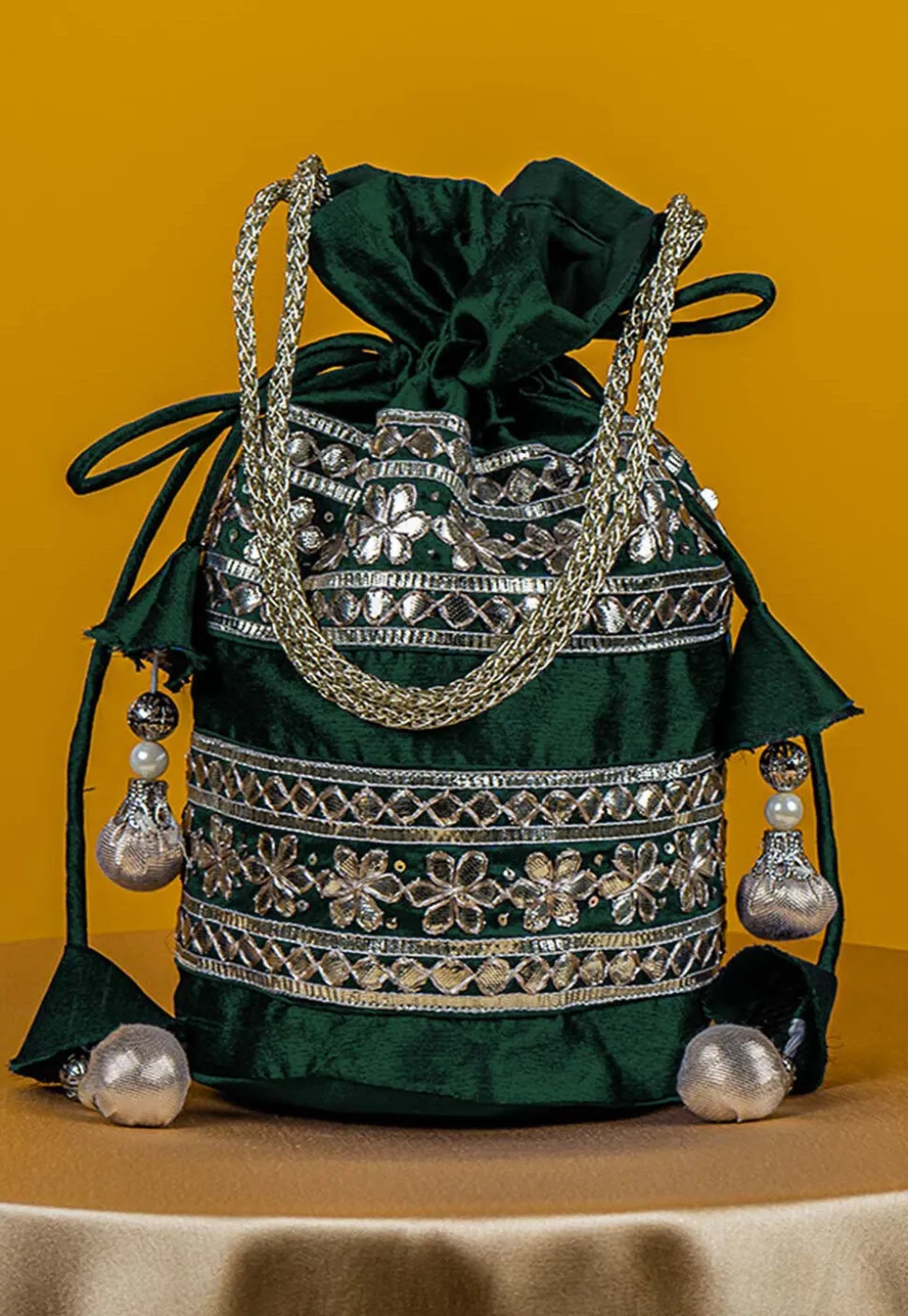 Gota Patti Art Silk Potli Bag in Dark Green