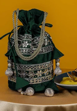 Gota Patti Art Silk Potli Bag in Dark Green