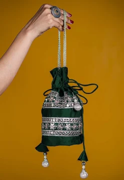 Gota Patti Art Silk Potli Bag in Dark Green