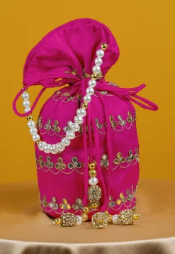 Gota Patti Art Silk Potli Bag in Fuchsia