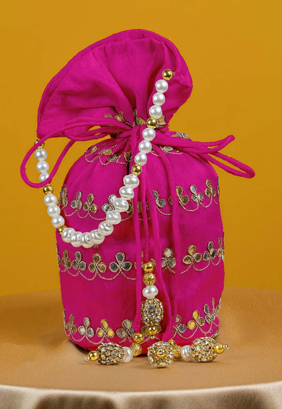 Gota Patti Art Silk Potli Bag in Fuchsia
