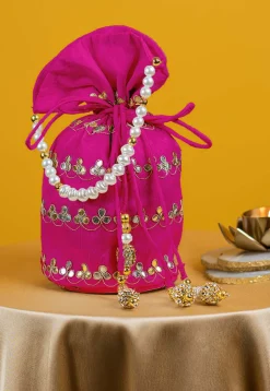 Gota Patti Art Silk Potli Bag in Fuchsia