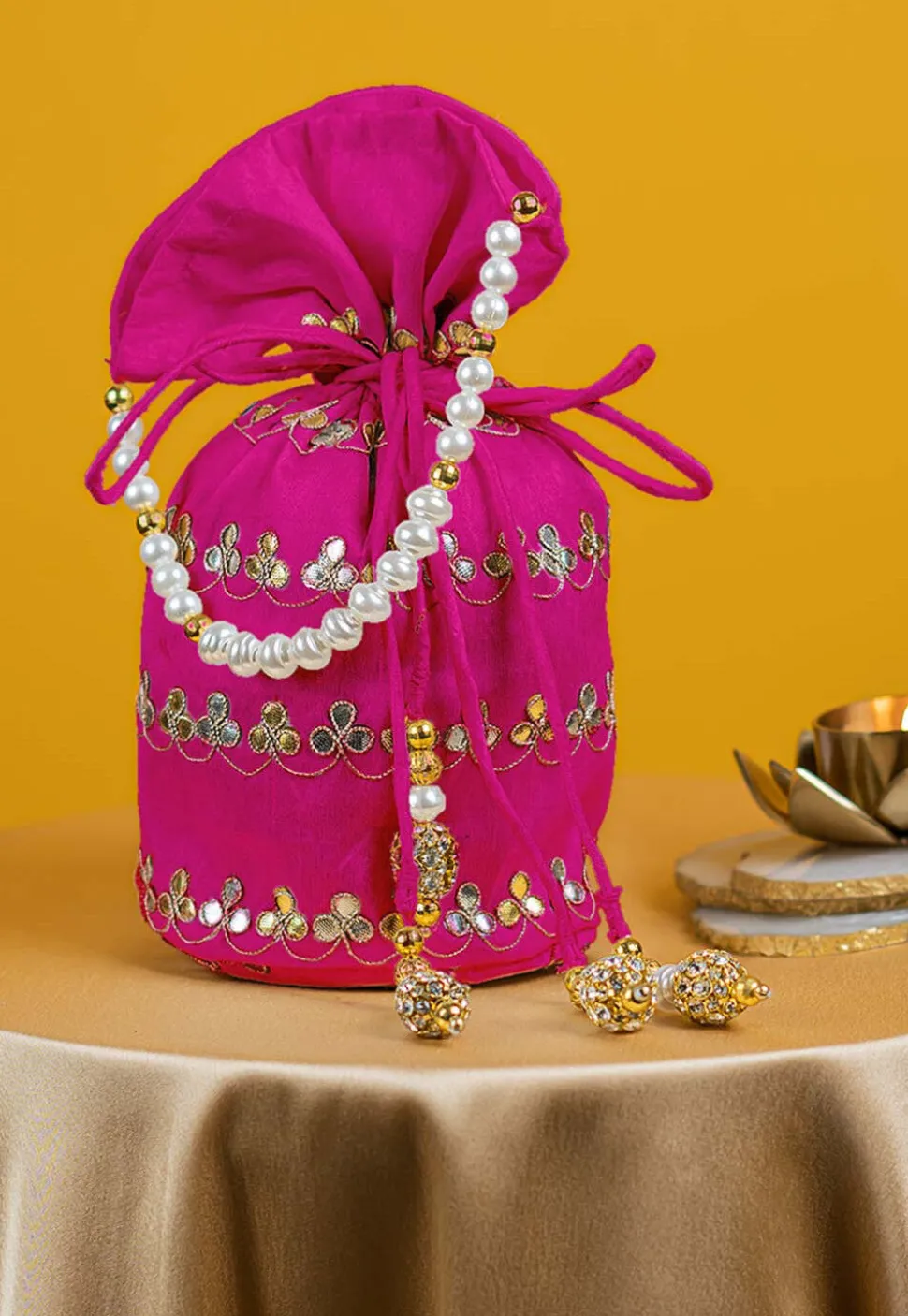 Gota Patti Art Silk Potli Bag in Fuchsia