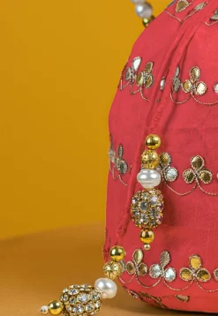 Gota Patti Art Silk Potli Bag in Peach