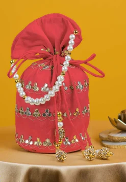 Gota Patti Art Silk Potli Bag in Peach