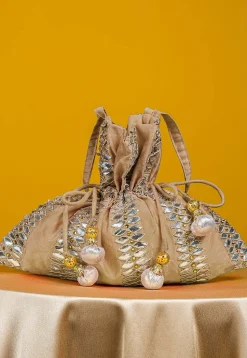 Gota Patti Art Silk Potli Bag in Beige