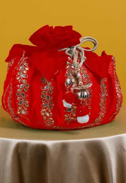 Gota Patti Art Silk Potli Bag in Red