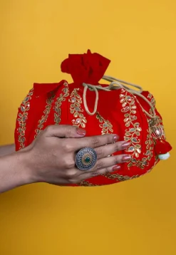 Gota Patti Art Silk Potli Bag in Red