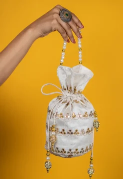 Gota Patti Art Silk Potli Bag in Off White