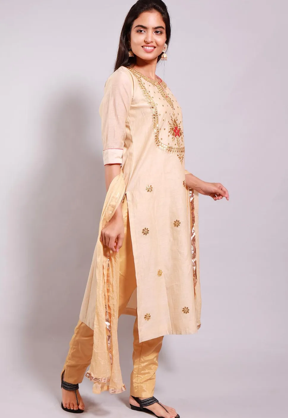 Gota Patti Chanderi Cotton Pakistani Suit in Beige