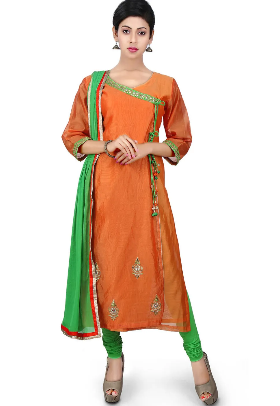 Gota Patti Cotton Chanderi Angrakha Style Suit in Orange