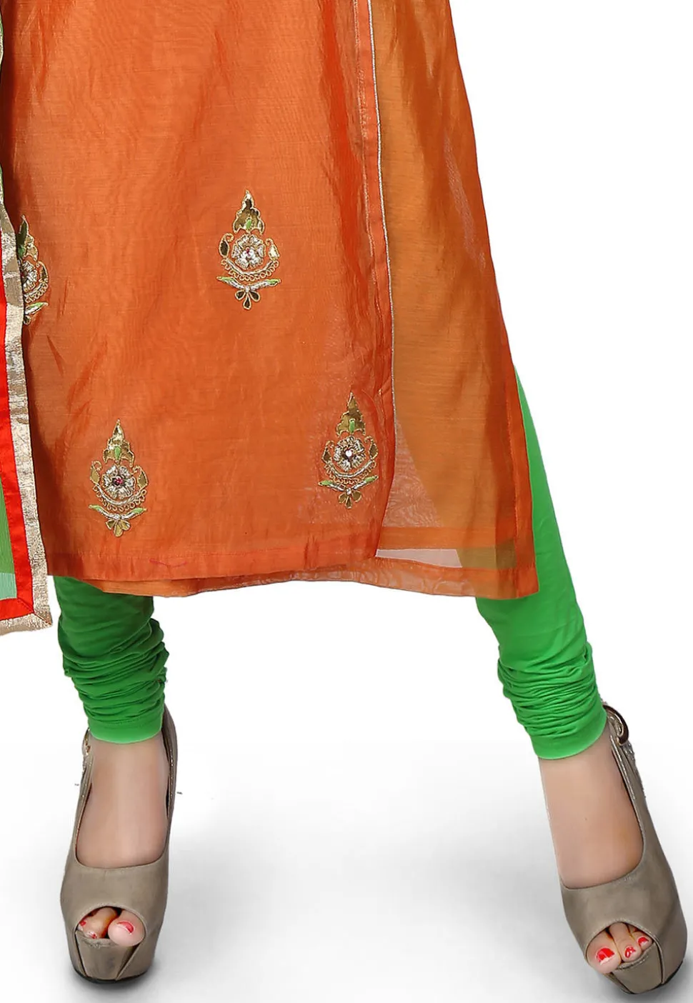 Gota Patti Cotton Chanderi Angrakha Style Suit in Orange