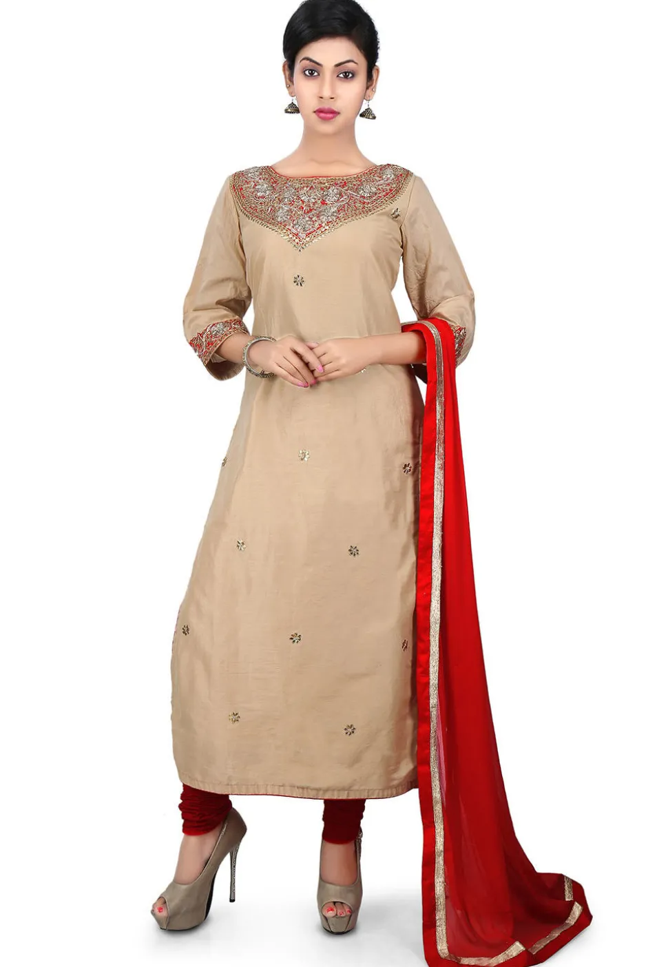 Gota Patti Embroidered Cotton Silk Straight Suit in Beige