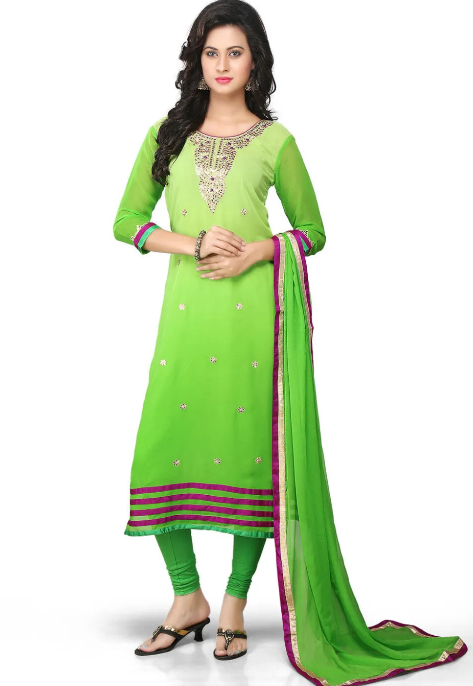 Gota Patti Embroidered Georgette Straight Suit in Shaded Green