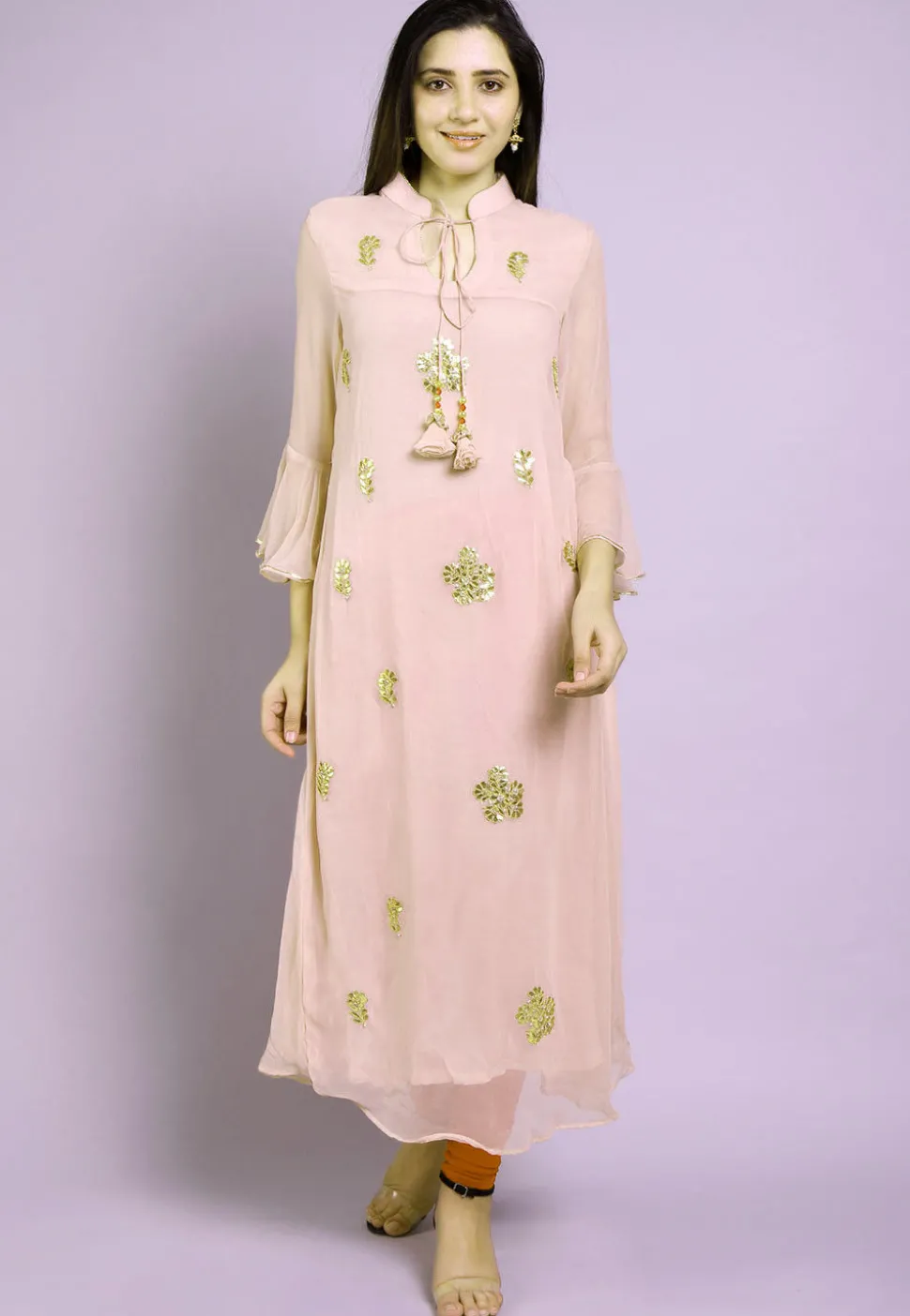 Gota Patti Georgette A Line Kurta in Baby Pink