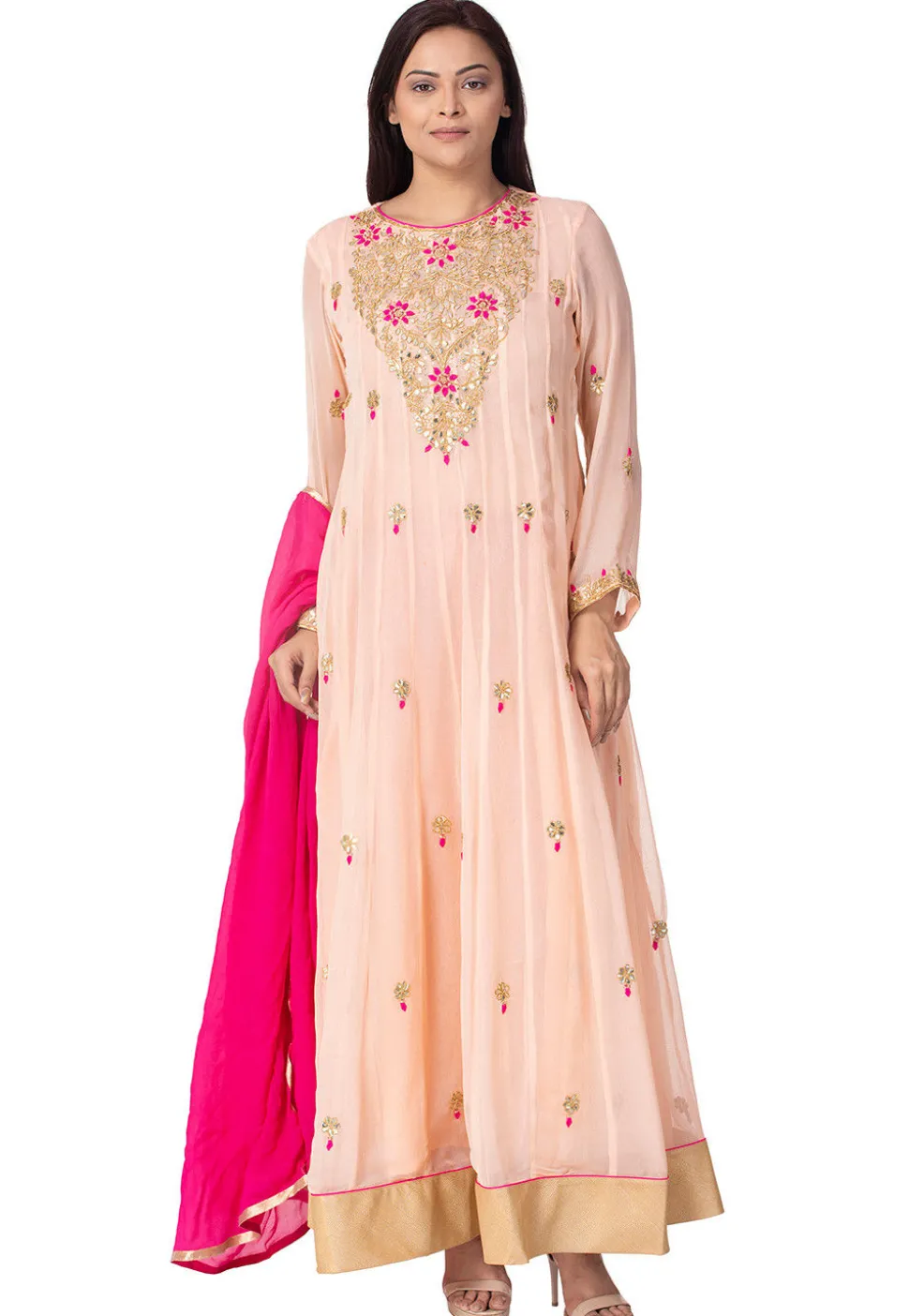 Gota Patti Georgette Abaya Style Suit in Light Peach