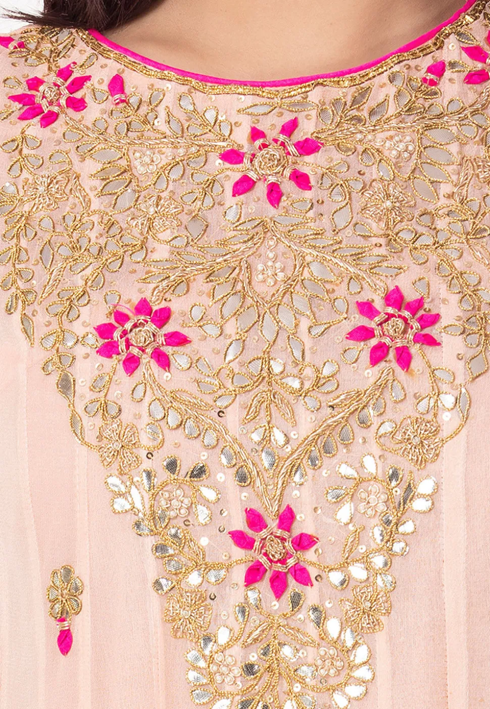 Gota Patti Georgette Abaya Style Suit in Light Peach