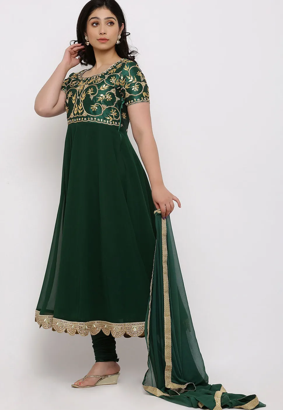 Gota Patti Georgette Anarkali Suit in Dark Green