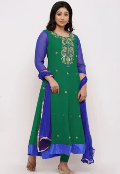 Gota Patti Georgette Anarkali Suit in Teal Green and Royal Blue