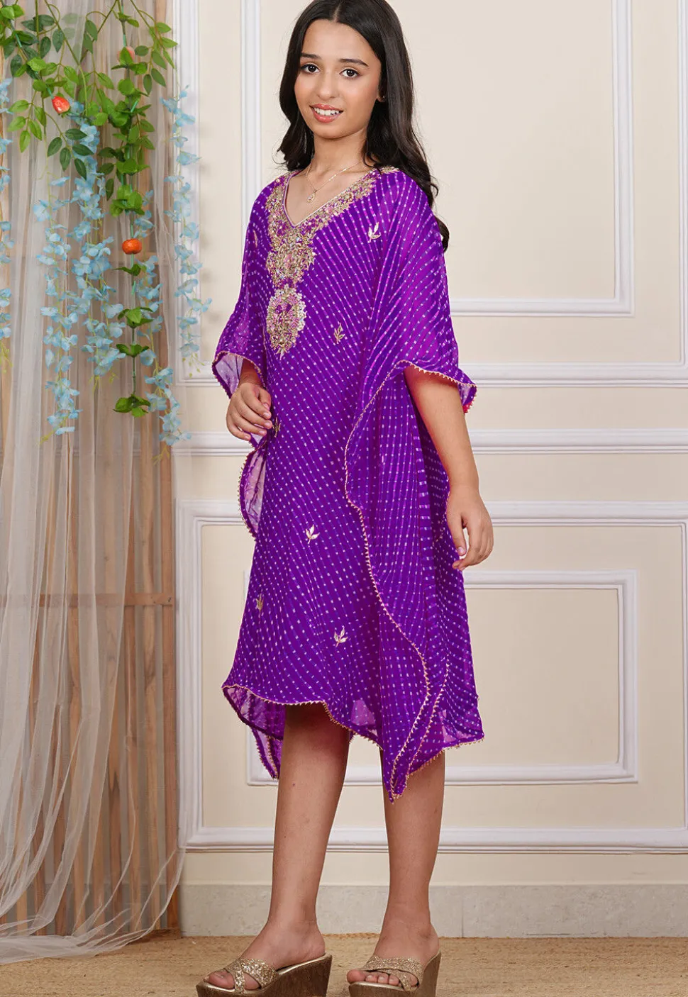 Gota Patti Georgette Kaftan in Purple