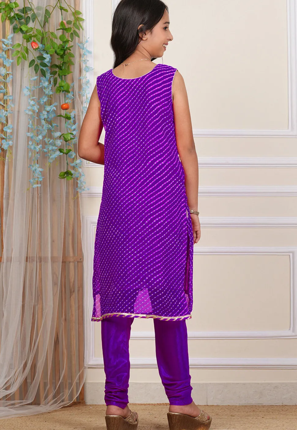 Gota Patti Georgette Straight Kurta Set in Purple