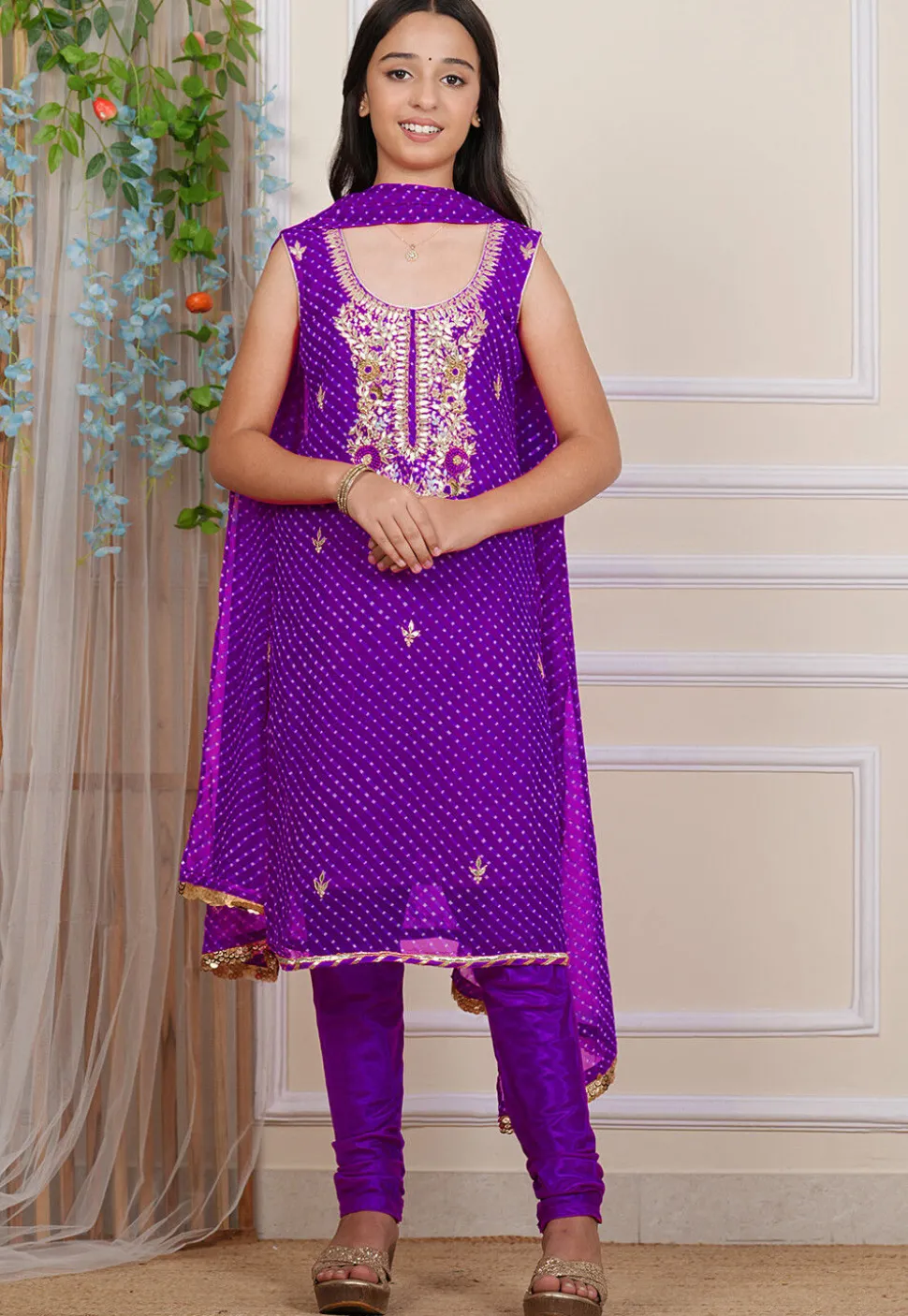 Gota Patti Georgette Straight Suit in Purple