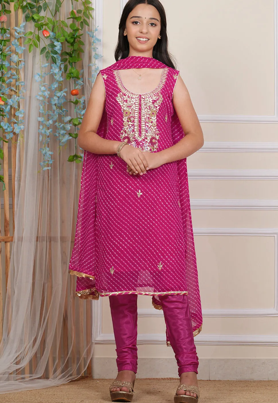 Gota Patti Georgette Straight Suit in Fuchsia