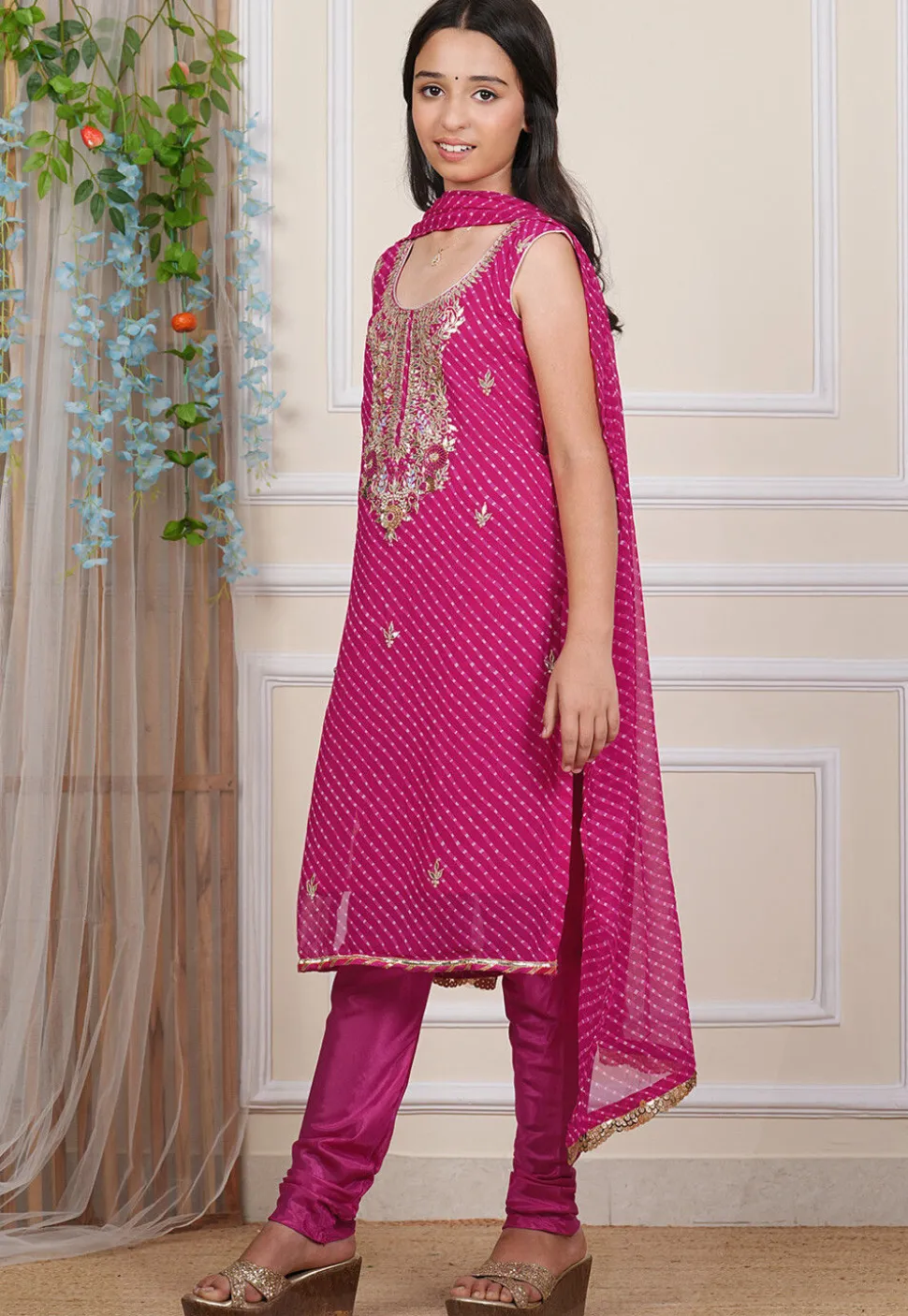 Gota Patti Georgette Straight Suit in Fuchsia