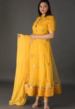 Gota Patti Net Anarkali Suit in Mustard