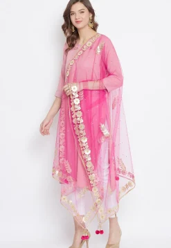 Gota Patti Net Dupatta in Pink