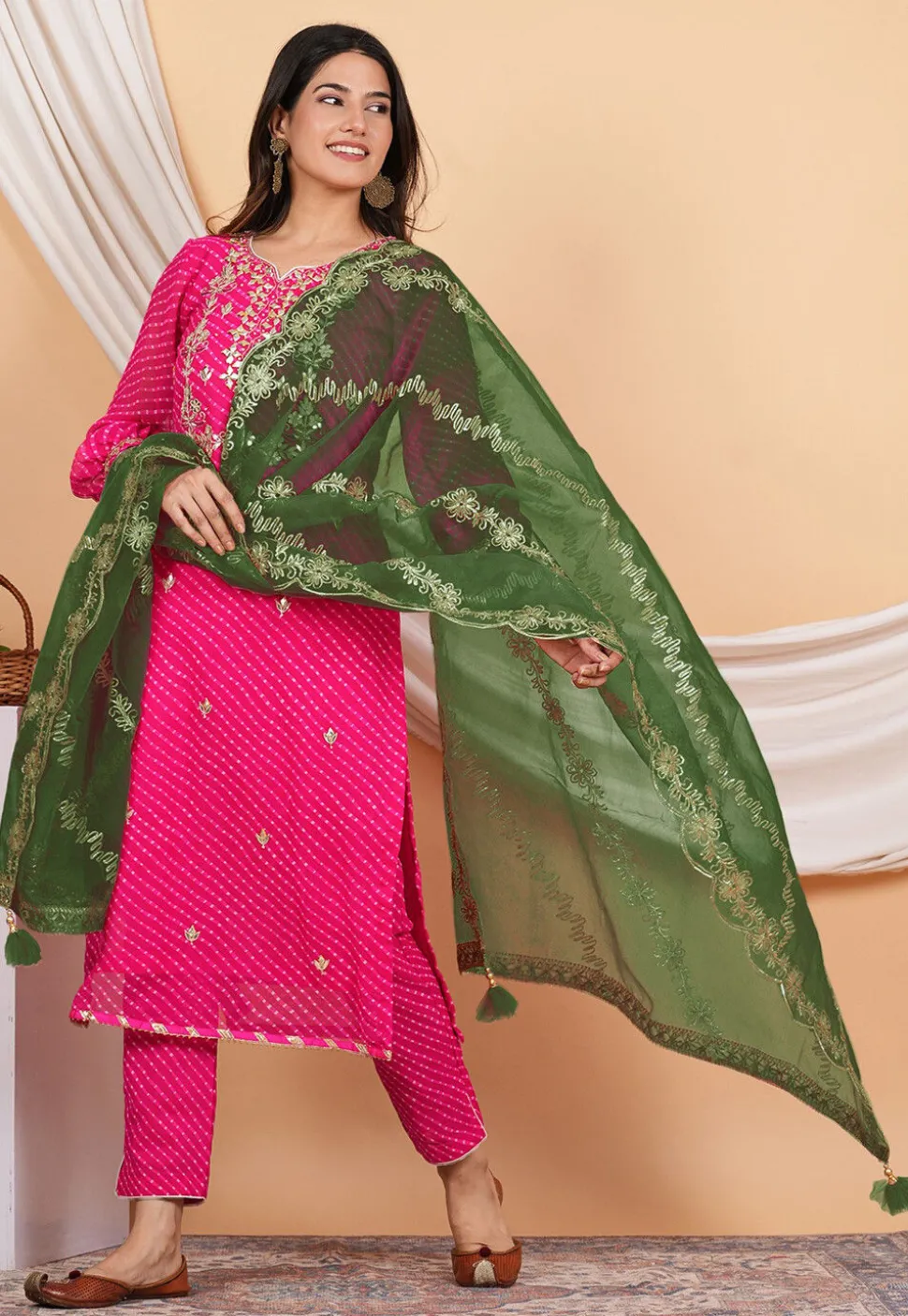 Gota Patti Organza Dupatta in Dark Green