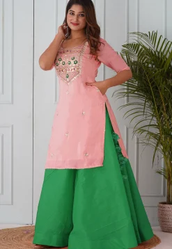 Gota Patti Uppada Silk Straight Kurta Set in Peach