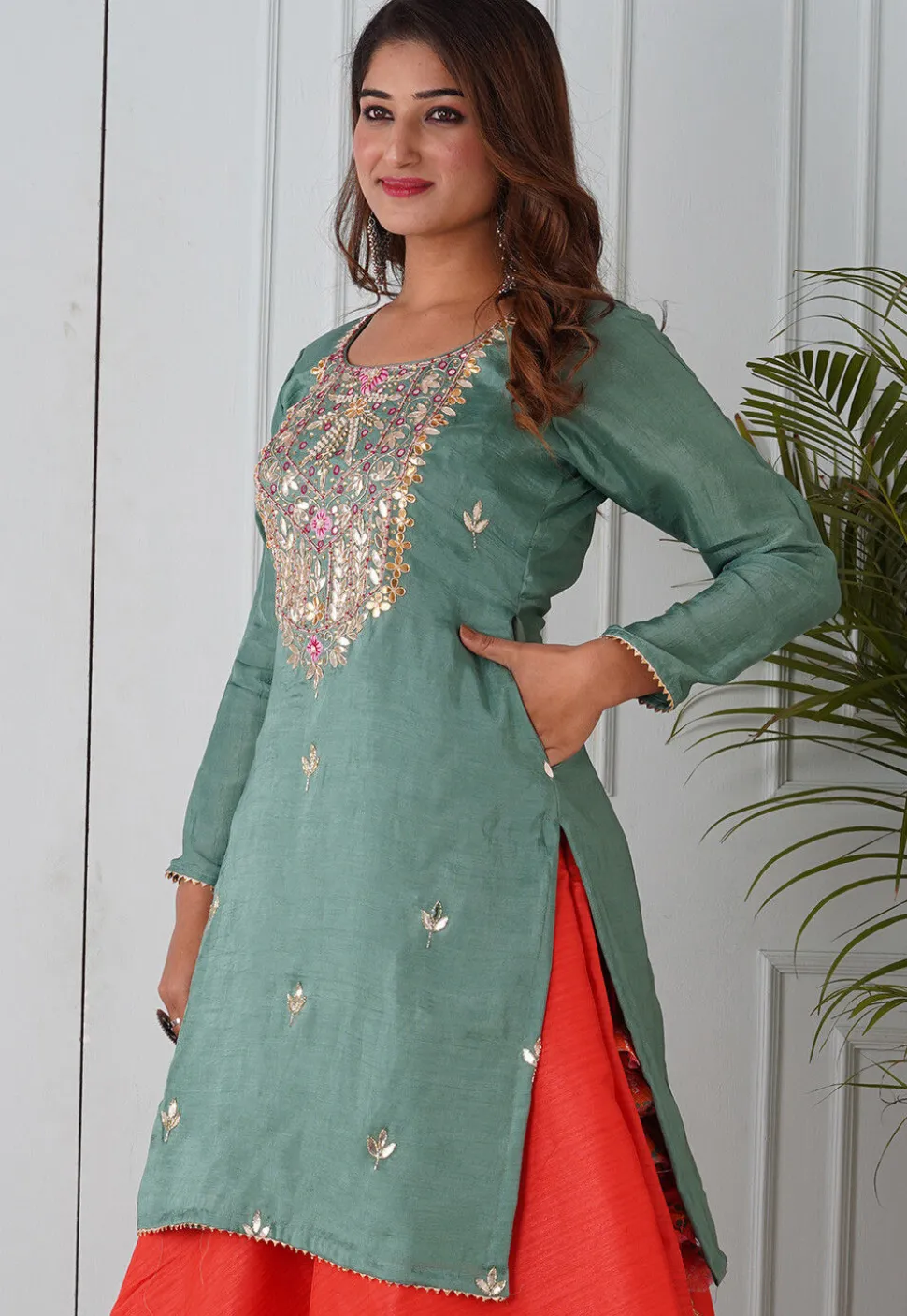 Gota Patti Uppada Silk Straight Kurta in Dusty Green