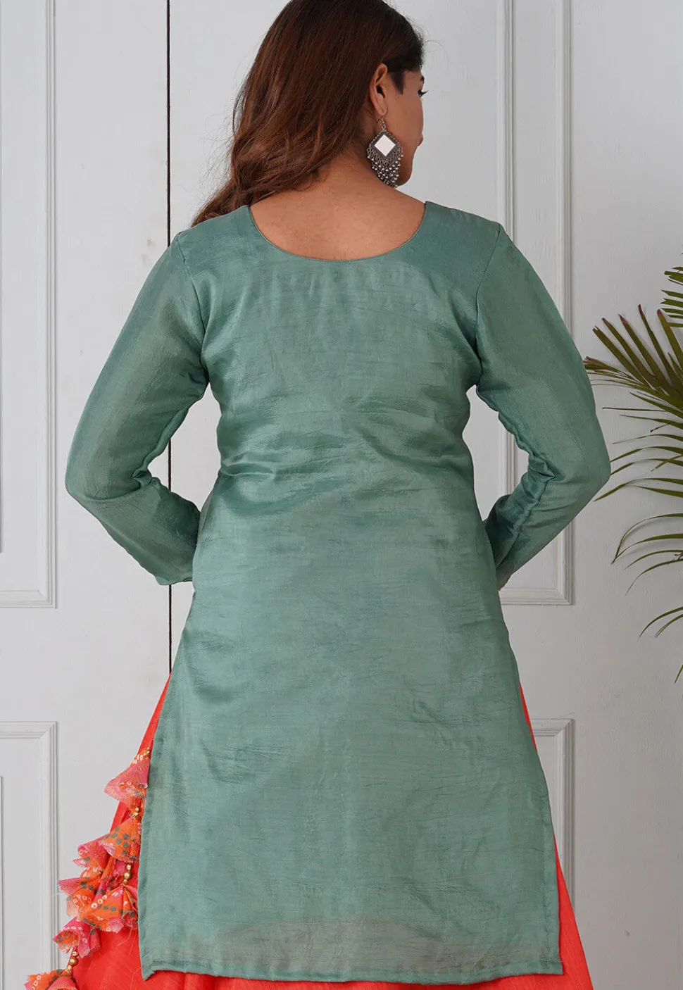 Gota Patti Uppada Silk Straight Kurta in Dusty Green