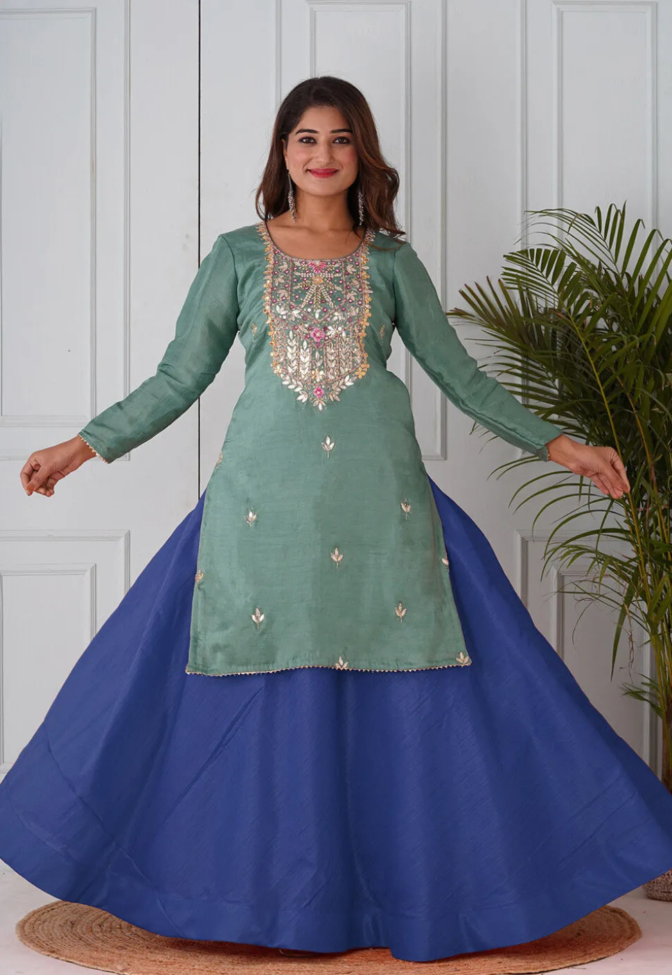 Gota Patti Uppada Silk Straight Kurta Set in Dusty Green