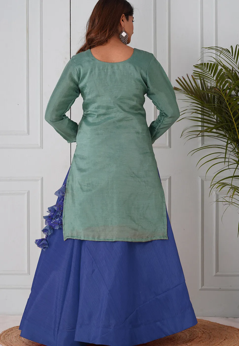 Gota Patti Uppada Silk Straight Kurta Set in Dusty Green